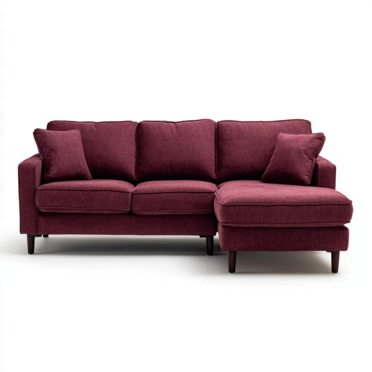 Bordowa sofa narożna z prawostronnym szezlongiem, aksamitna, 220 x 150 x 85 cm