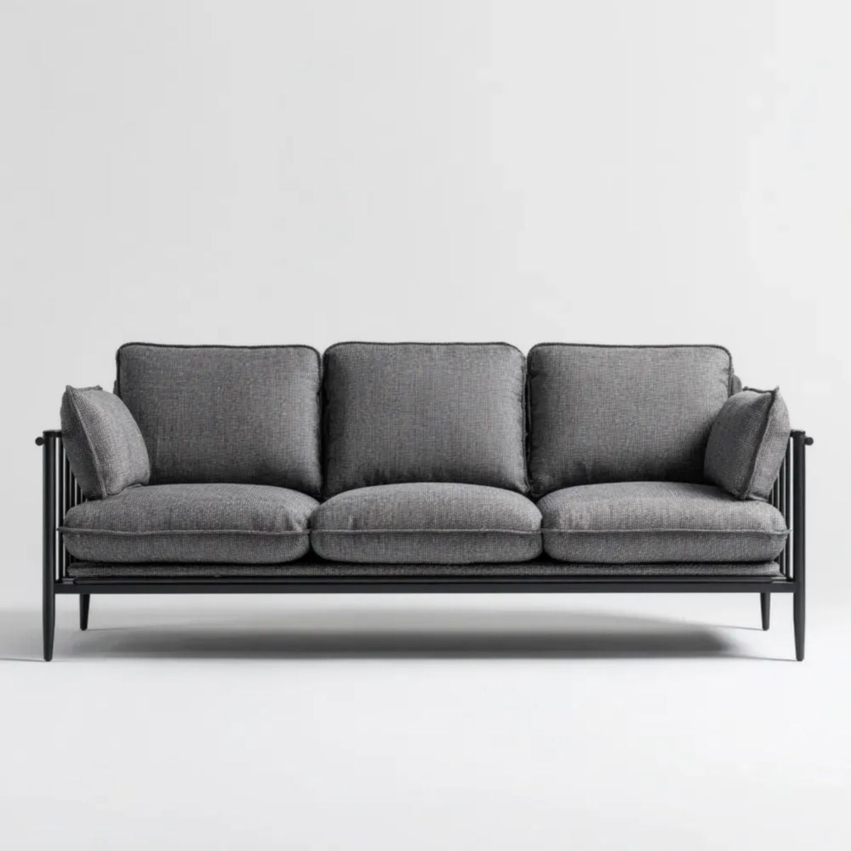 Sofa trzyosobowa szara z tapicerką poliestrową i stalową ramą, 210 x 85 x 82 cm