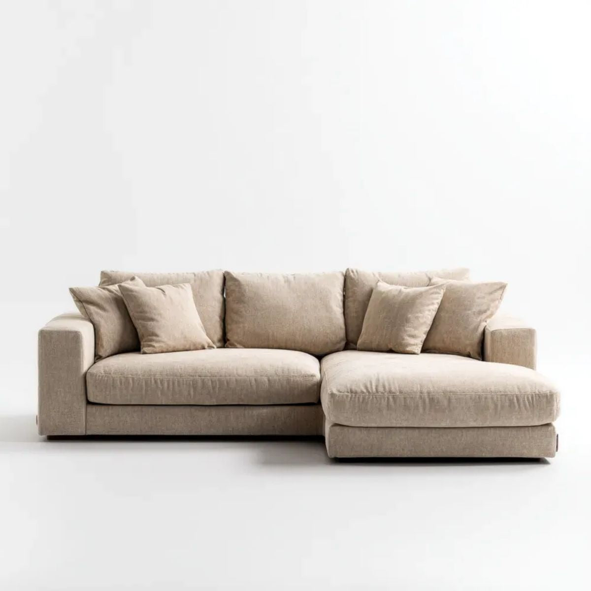 Beżowa sofa narożna z szezlongiem, tapicerowana poliestrem, 280 x 170 x 85 cm, prawostronna