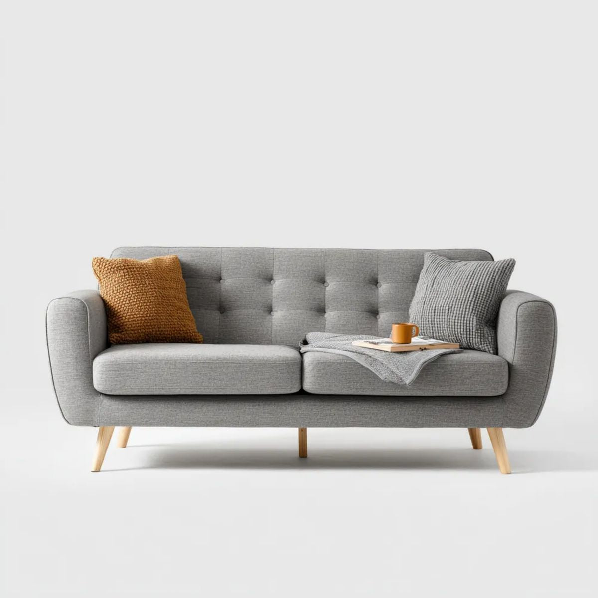 Dwuosobowa sofa szara z tapicerką poliestrową i drewnianymi nogami, 190 x 85 x 85 cm