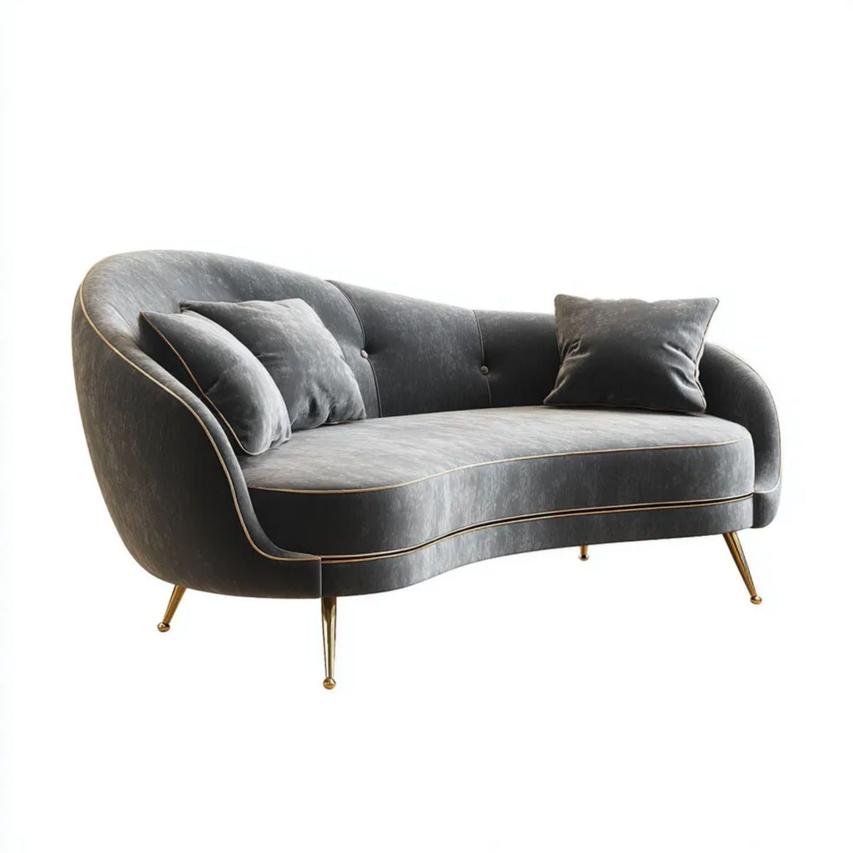 Trzyosobowa sofa z aksamitu szara ze złotymi nogami, 210 x 90 x 82 cm