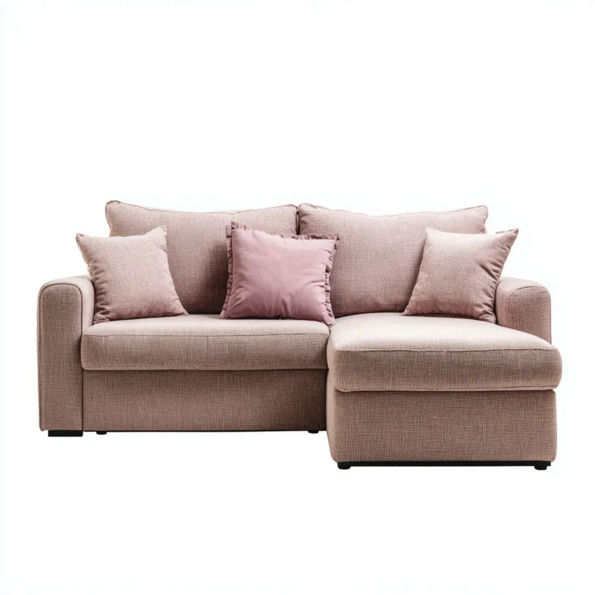 Różowa sofa narożna z prawostronnym szezlongiem, tapicerowana tkaniną, 230 × 150 × 85 cm