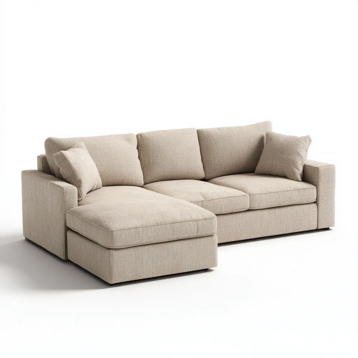 Beżowa sofa narożna lewostronna z szezlongiem, tapicerowana poliestrem, 250 x 160 x 85 cm