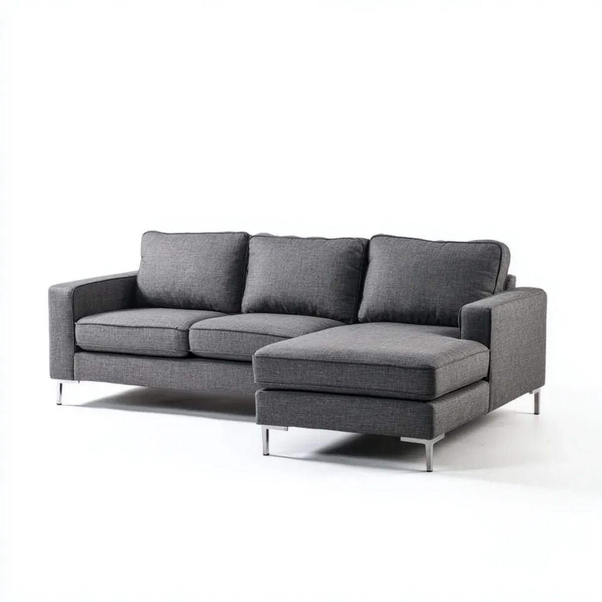 Trzyosobowa sofa narożna z prawostronnym szezlongiem, szara, tapicerka poliestrowa, 250 × 160 × 85 cm