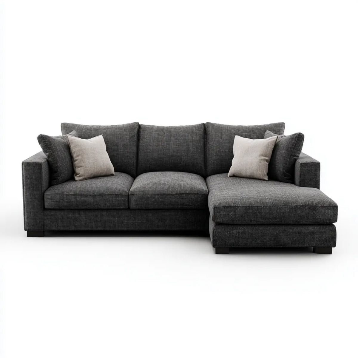 Prawostronna sofa narożna w kształcie L z poliestru, grafitowo-czarna, 260 × 160 × 85 cm