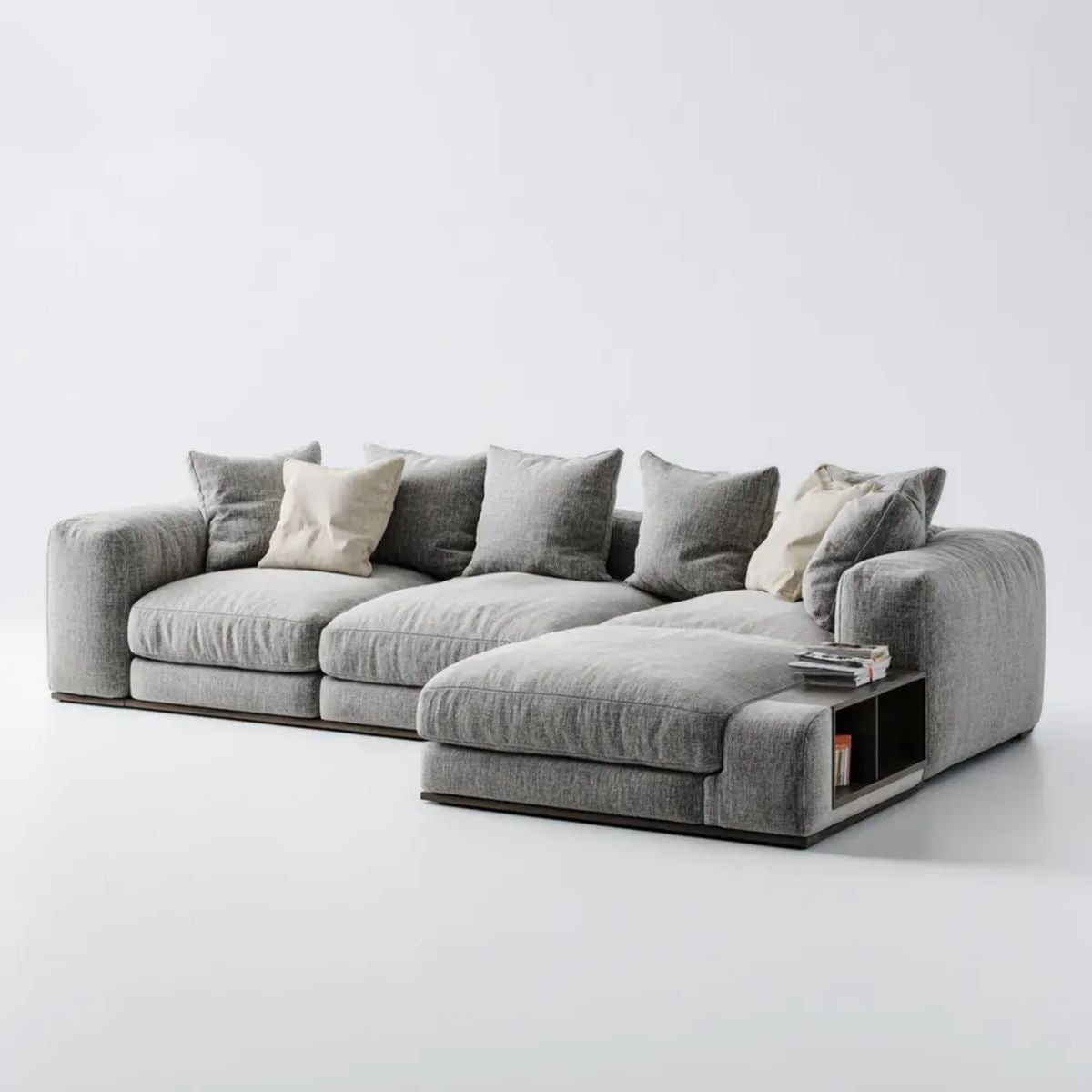4-osobowa sofa narożna w kształcie L z szezlongiem i półką boczną, szara, z tkaniny poliestrowej, 300 × 170 × 85 cm