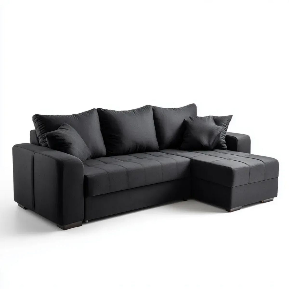Czarna sofa narożna z prawostronnym szezlongiem, tapicerka tkaninowa, 250 x 160 x 90 cm