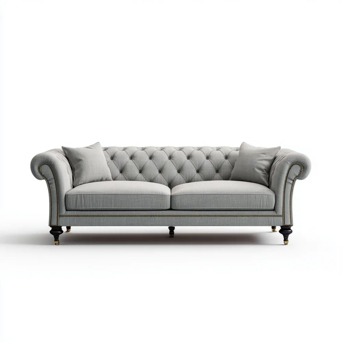 Trzyosobowa sofa Chesterfield z weluru, szara, 220 × 95 × 78 cm