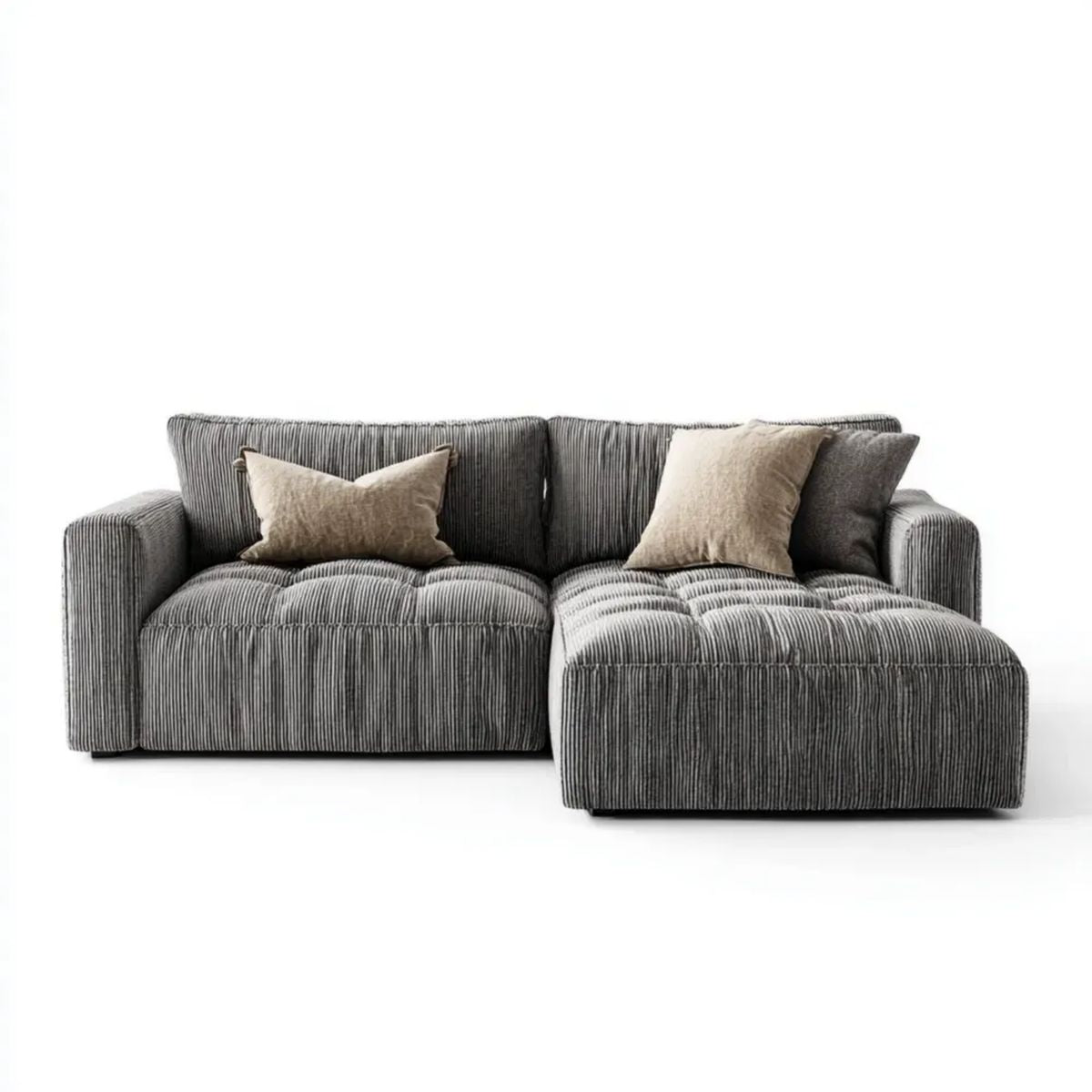 Prawostronna sofa narożna z szezlongiem, sztruksowa tapicerka poliestrowa, ciemnoszara, 250 × 160 × 85 cm