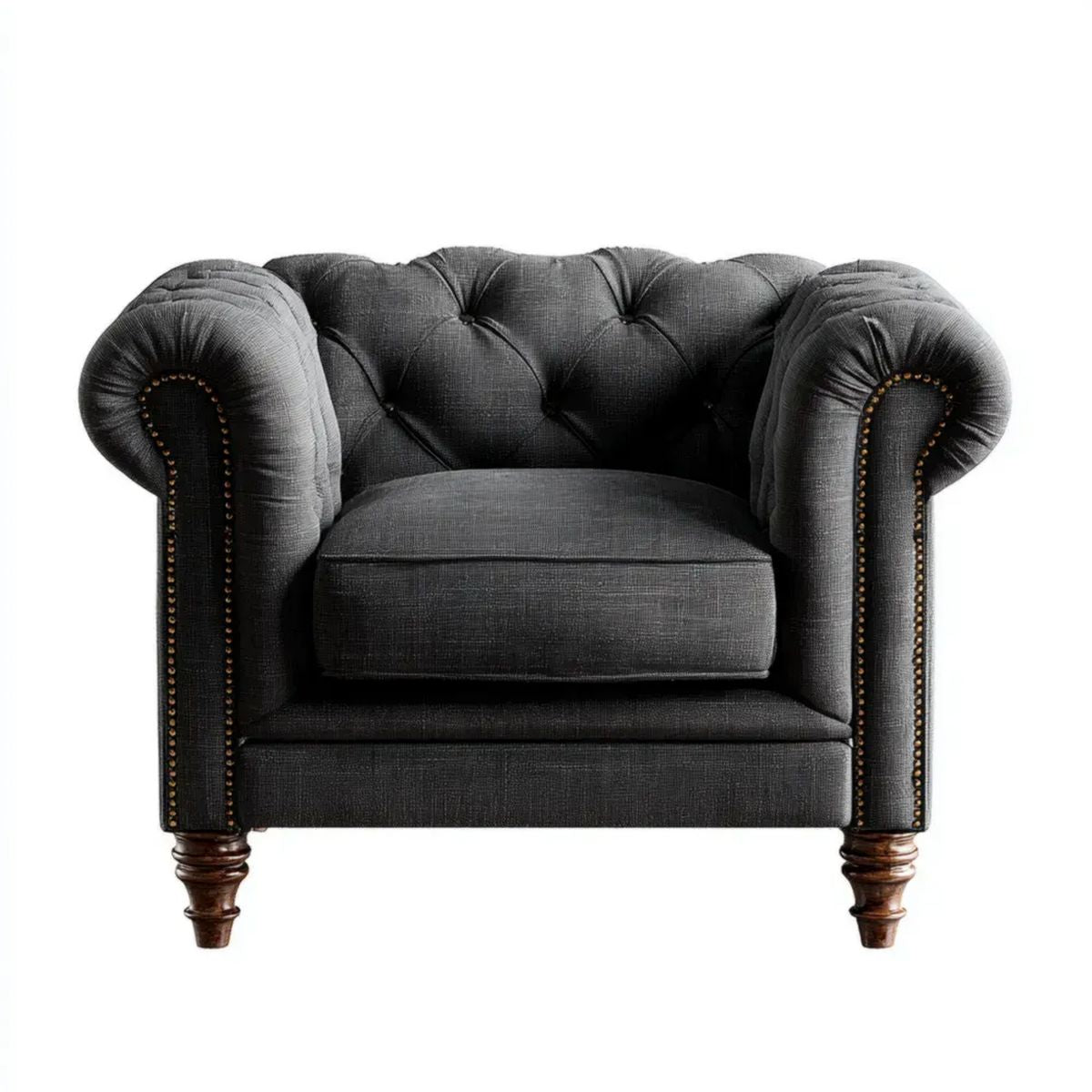 Fotel Chesterfield ciemnoszary z tapicerką poliestrową i nogami z litego drewna, 110 × 95 × 80 cm