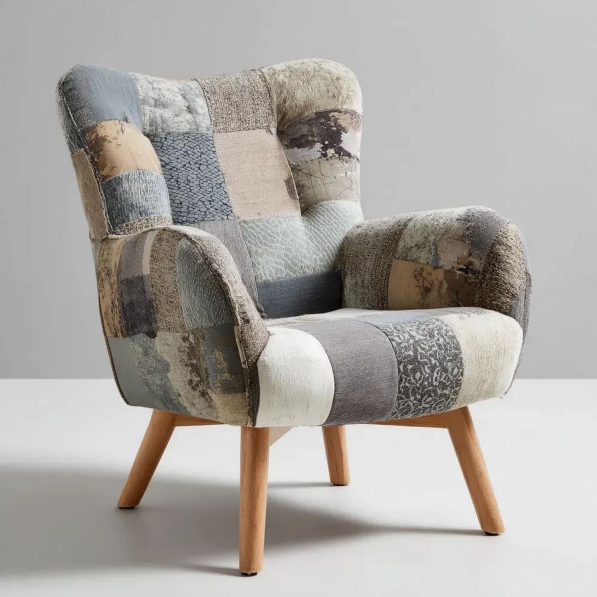 Fotel uszak patchwork z poliestru, szaro-beżowo-brązowy, 75 × 82 × 101 cm
