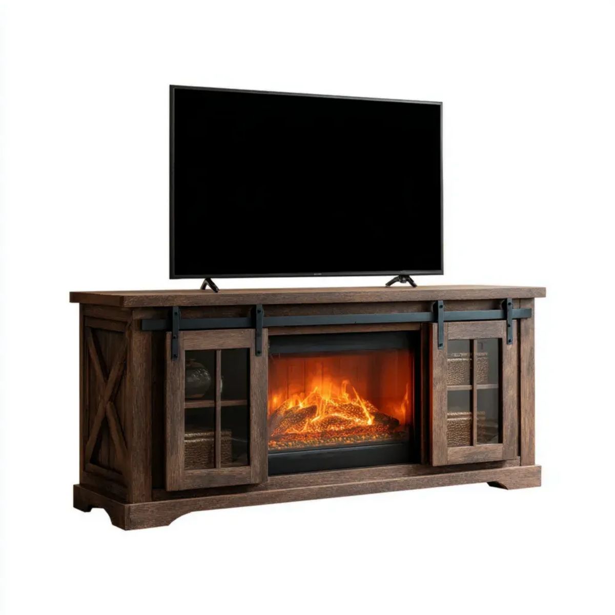 Szafka RTV z kominkiem elektrycznym z płyty MDF, ciemnobrązowa, 152 x 40 x 76 cm