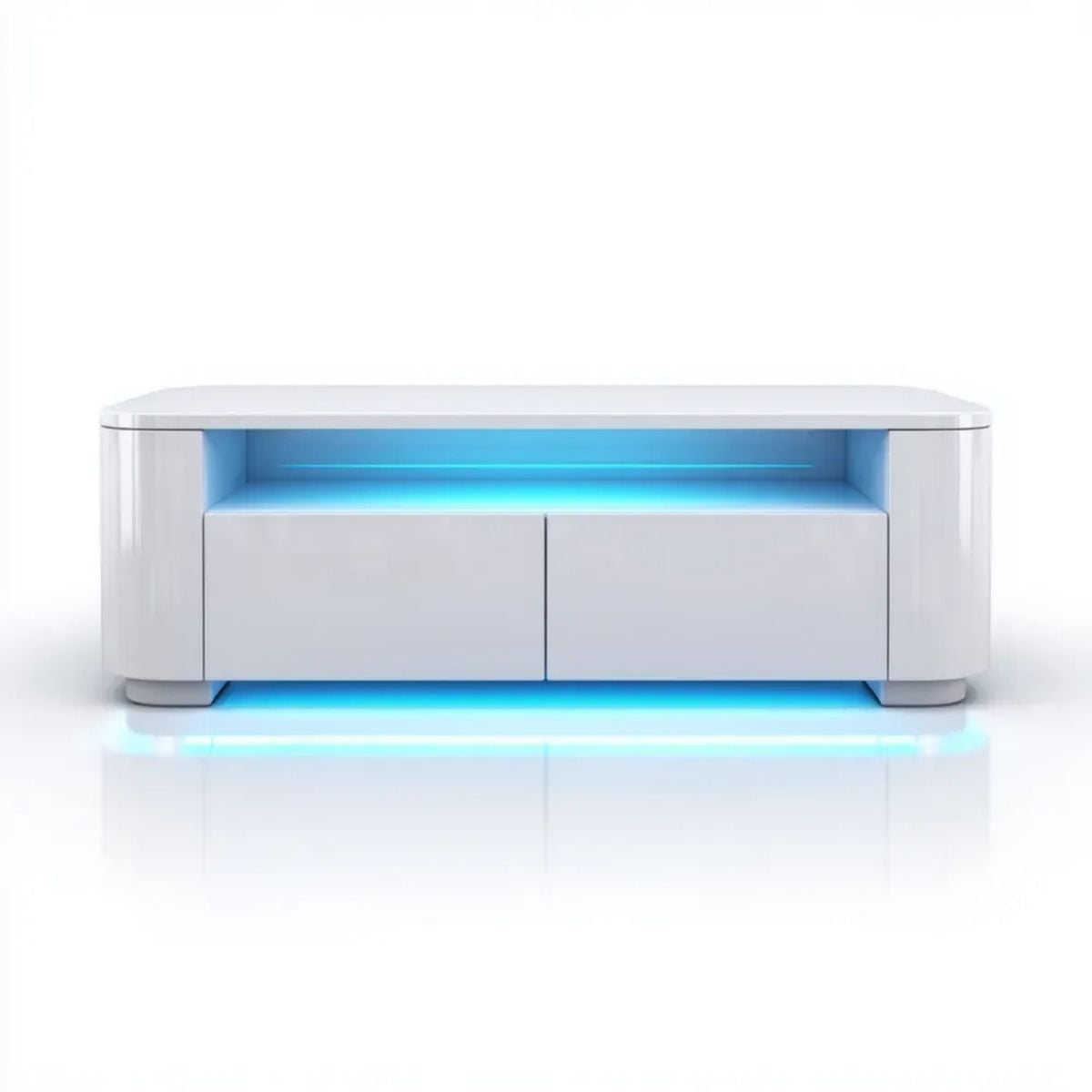 Biała szafka RTV z płyty MDF 160 x 40 x 45 cm z niebieskim oświetleniem LED