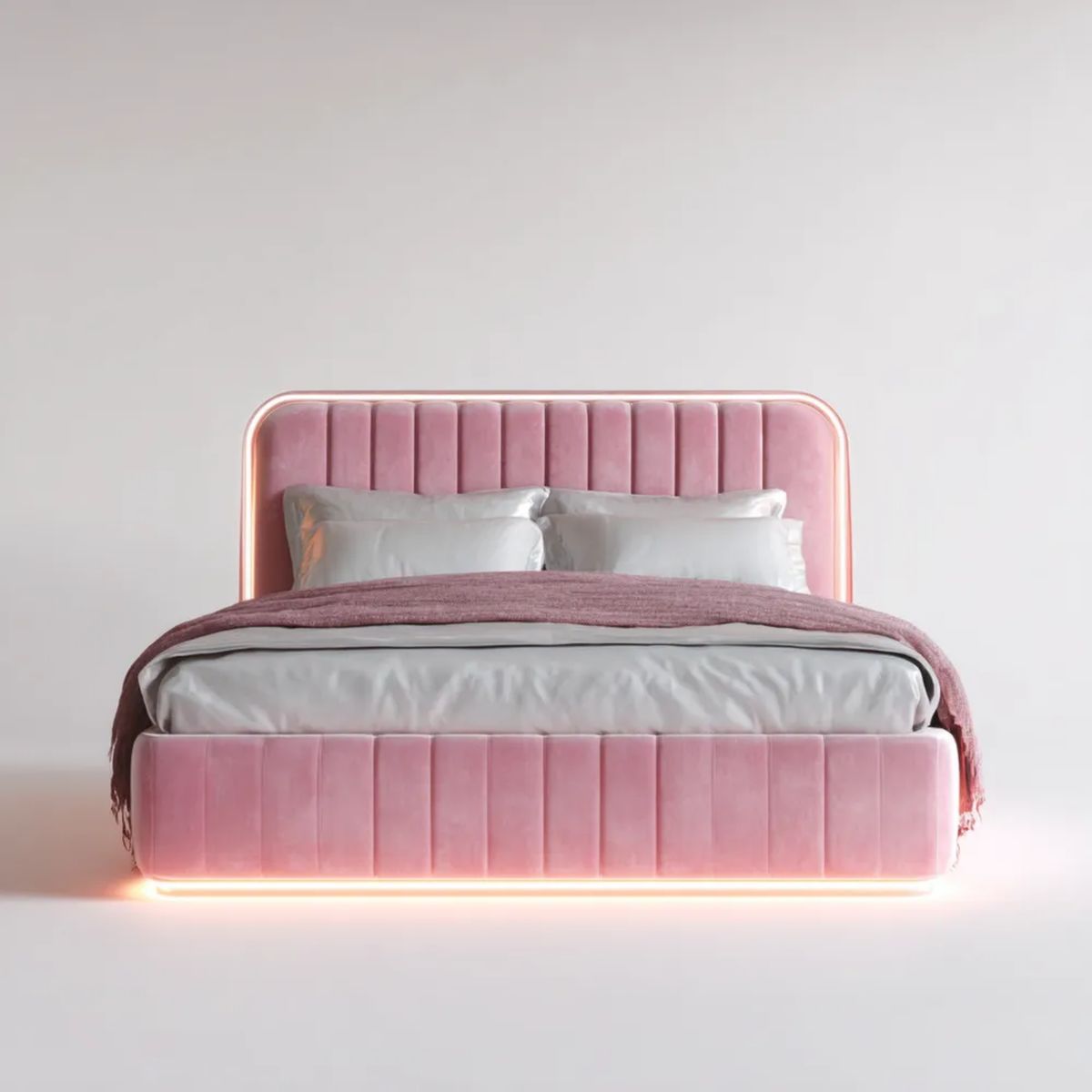 Podwójne łóżko tapicerowane z aksamitu jasnoróżowe 160 x 200 cm z oświetleniem LED