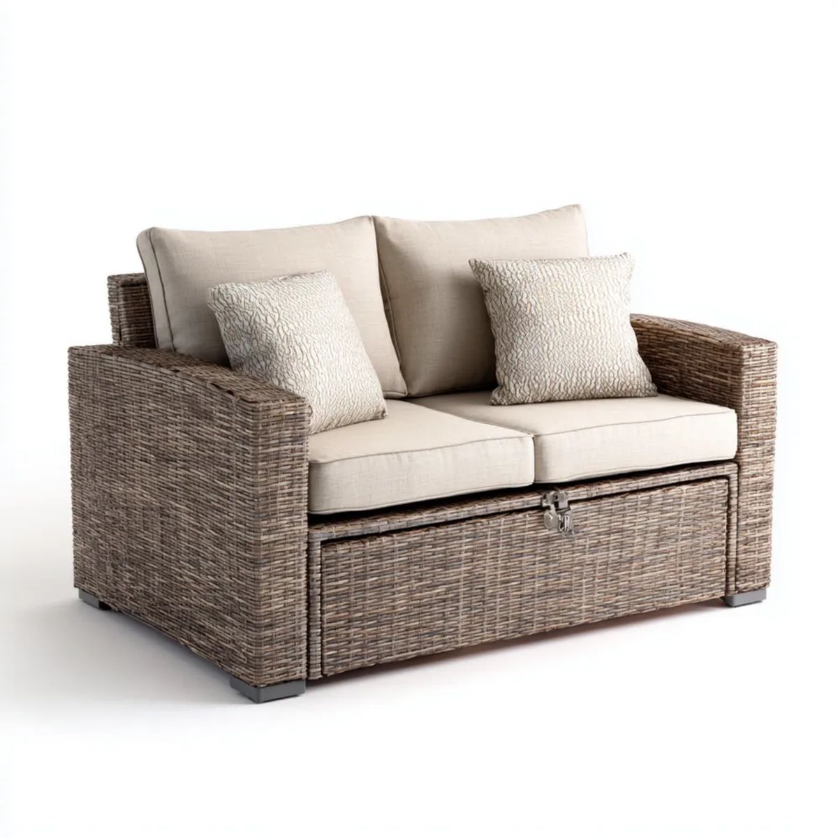 Dwuosobowa sofa ogrodowa ze schowkiem z technorattanu, szarobrązowo-beżowa, 140 × 80 × 85 cm