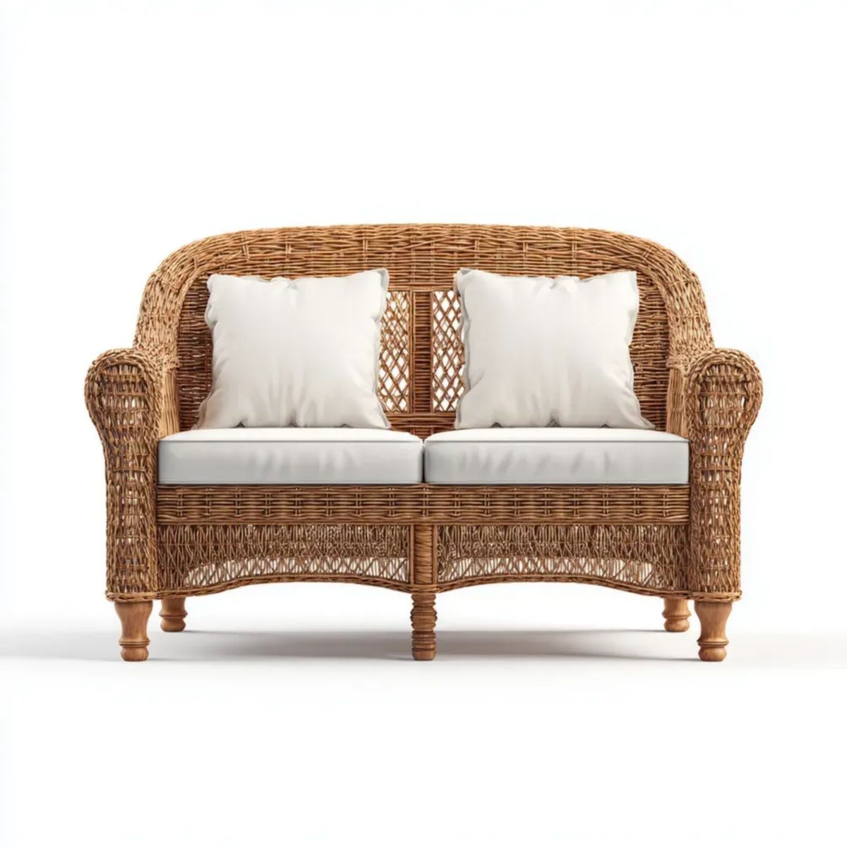 Dwuosobowa sofa ogrodowa z rattanu brązowa z białymi poduszkami, 130 x 70 x 95 cm